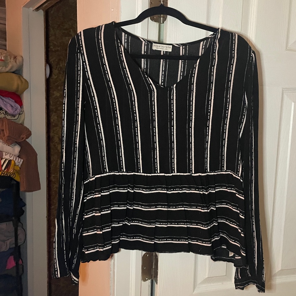 Paper Crane Black and White Striped V-Neck Blouse